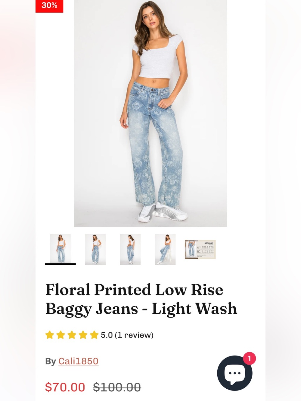 Floral Printed Low-Rise Baggy Jeans - Light Blue